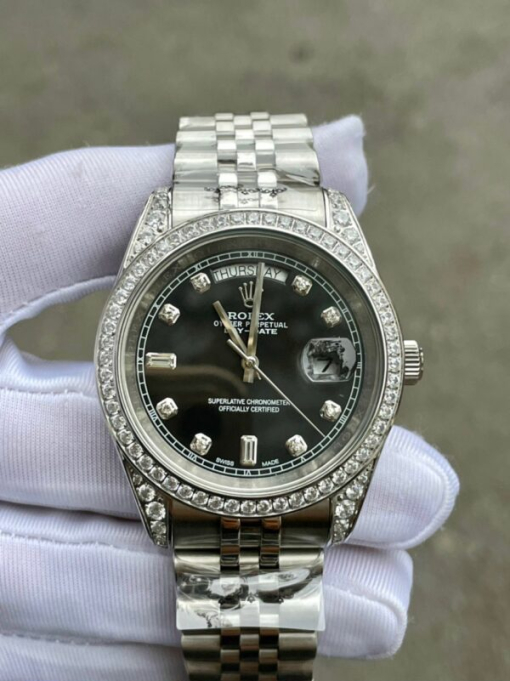 Custom Rolex Day-Date Black Dial Diamonds Bezel - Asian Rolex 108