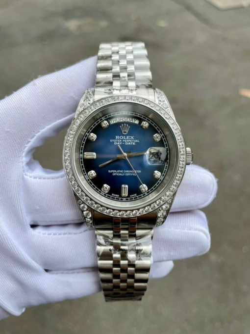 Custom Rolex Day-Date Navy Blue Dial Diamonds Bezel - Asian Rolex 109