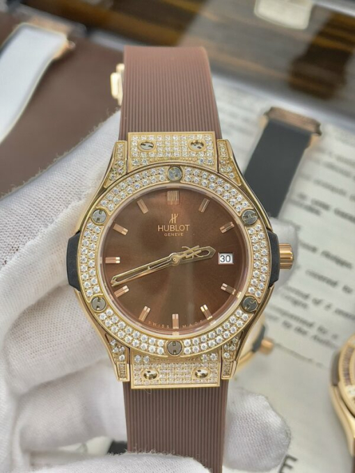 Custom Lady Hublot Classic Fusion Chocolate Dial Diamonds Bezel - Asian Lady Watch 7