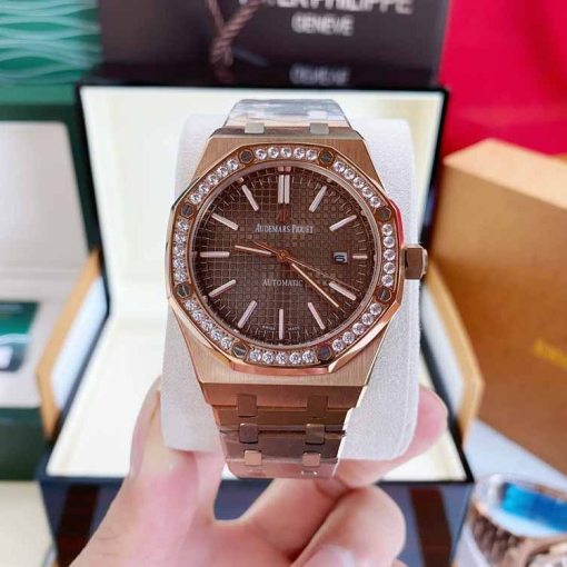 Custom Audemars Piguet Royal Oak Rose Gold Chocolate Diamonds Dial - Asian AP 13