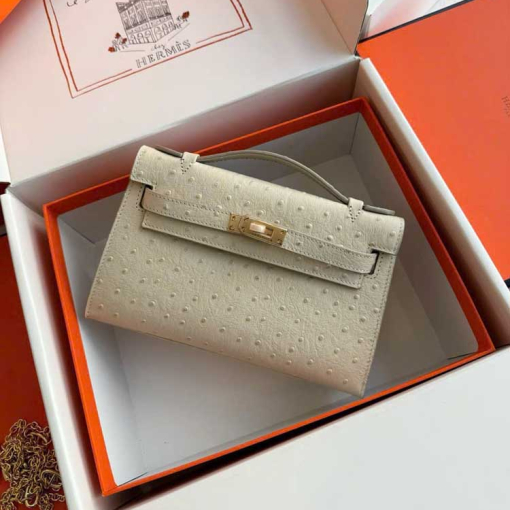 Custom Hermes Kelly Pochette Ostrich-embossed