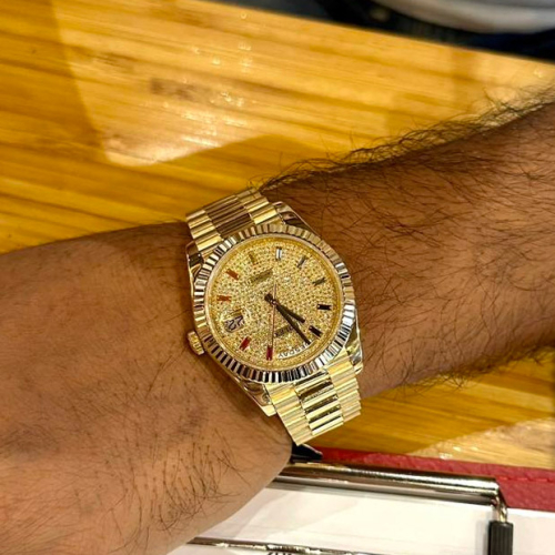 Custom Rolex Day-Date Yellow Gold Moissanite 128348RBR - Swiss 202 photo review