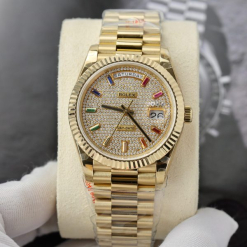 Custom Rolex Day-Date Yellow Gold Moissanite 128348RBR - Swiss 202