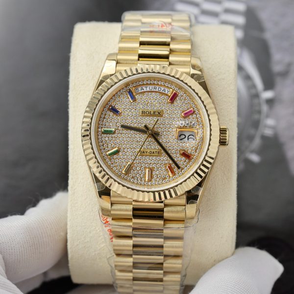 Custom Rolex Day-Date Yellow Gold Moissanite 128348RBR - Swiss 202